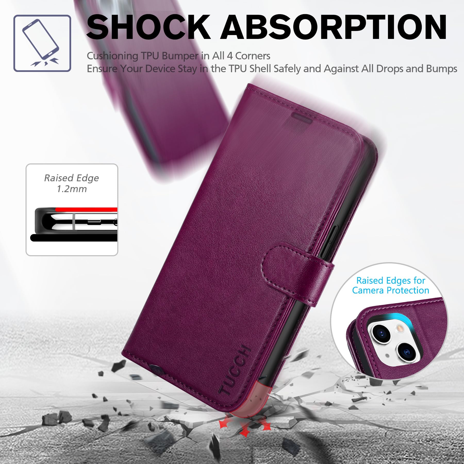 iPhone 14, [RFID Blocking] 4 Card Holder Stand [Shockproof TPU Interior Shell], PU Leather Magnetic Protective Flip Cover 6.1" 2022, Black - 7DAY'S