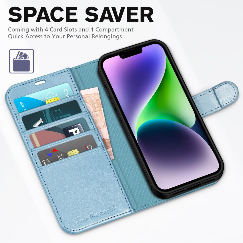 iPhone 14, [RFID Blocking] 4 Card Holder Stand [Shockproof TPU Interior Shell], PU Leather Magnetic Protective Flip Cover 6.1" 2022, Black - 7DAY'S