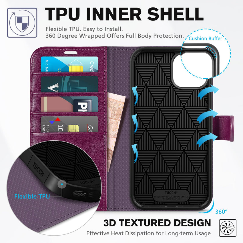 iPhone 14, [RFID Blocking] 4 Card Holder Stand [Shockproof TPU Interior Shell], PU Leather Magnetic Protective Flip Cover 6.1" 2022, Black - 7DAY'S