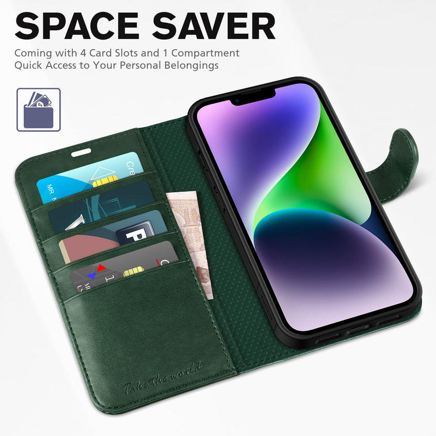 iPhone 14, [RFID Blocking] 4 Card Holder Stand [Shockproof TPU Interior Shell], PU Leather Magnetic Protective Flip Cover 6.1" 2022, Black - 7DAY'S