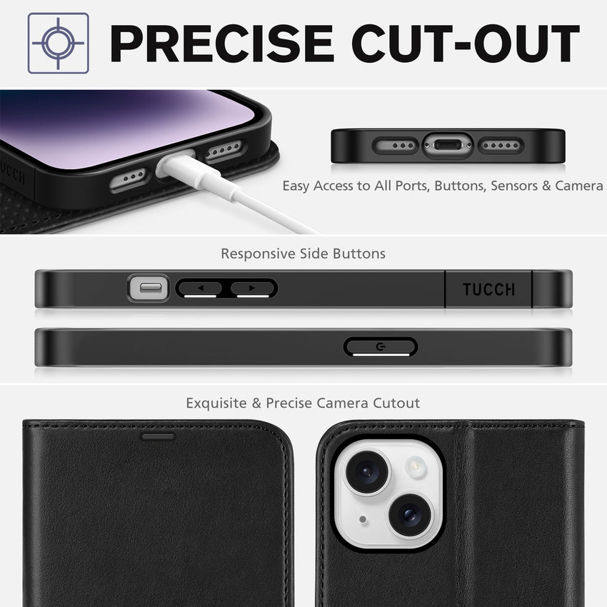 iPhone 14, [RFID Blocking] 4 Card Holder Stand [Shockproof TPU Interior Shell], PU Leather Magnetic Protective Flip Cover 6.1" 2022, Black - 7DAY'S