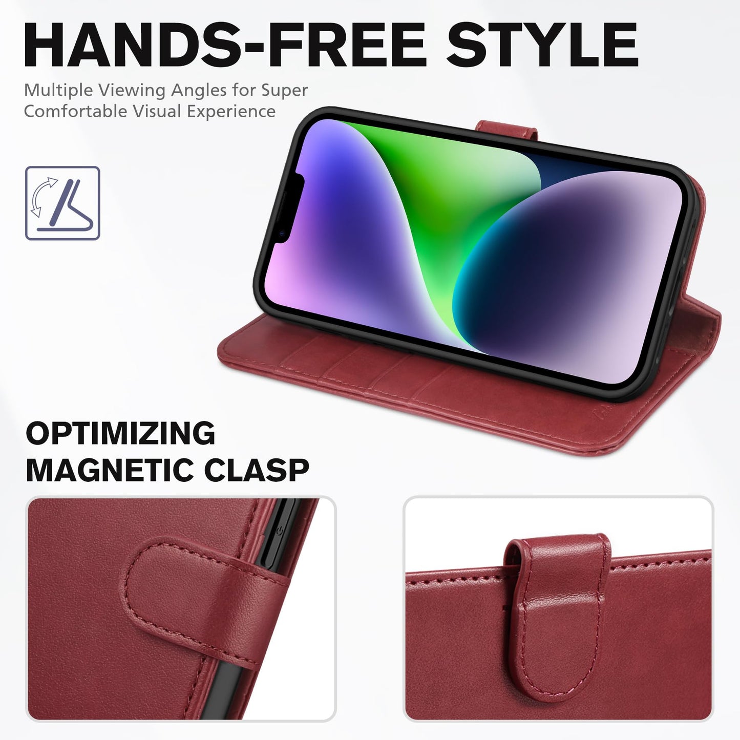 iPhone 14, [RFID Blocking] 4 Card Holder Stand [Shockproof TPU Interior Shell], PU Leather Magnetic Protective Flip Cover 6.1" 2022, Black - 7DAY'S