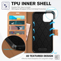iPhone 14, [RFID Blocking] 4 Card Holder Stand [Shockproof TPU Interior Shell], PU Leather Magnetic Protective Flip Cover 6.1" 2022, Black - 7DAY'S