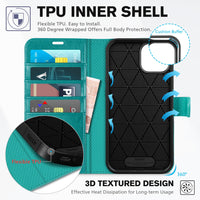 iPhone 14, [RFID Blocking] 4 Card Holder Stand [Shockproof TPU Interior Shell], PU Leather Magnetic Protective Flip Cover 6.1" 2022, Black - 7DAY'S