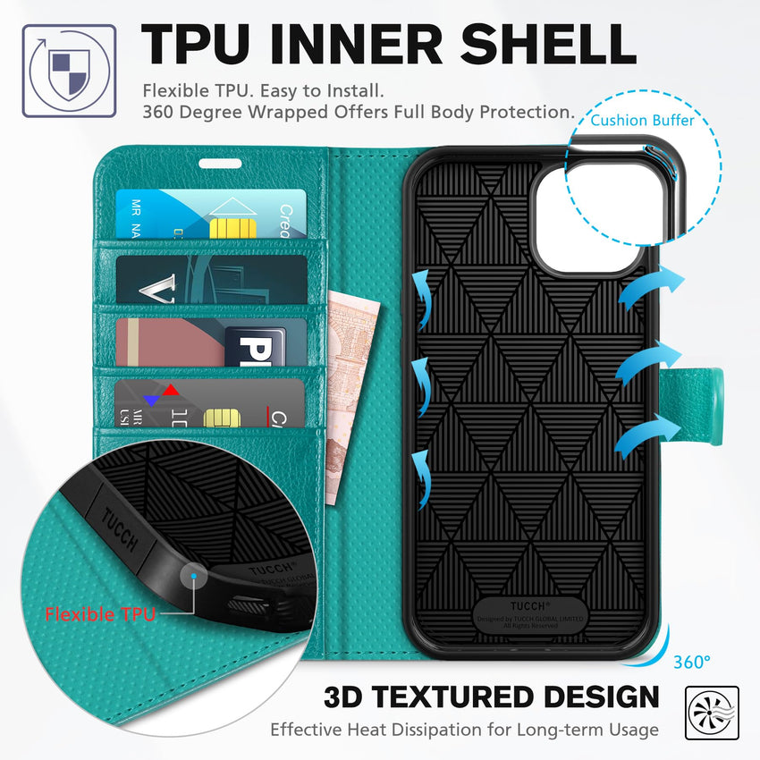 iPhone 14, [RFID Blocking] 4 Card Holder Stand [Shockproof TPU Interior Shell], PU Leather Magnetic Protective Flip Cover 6.1" 2022, Black - 7DAY'S