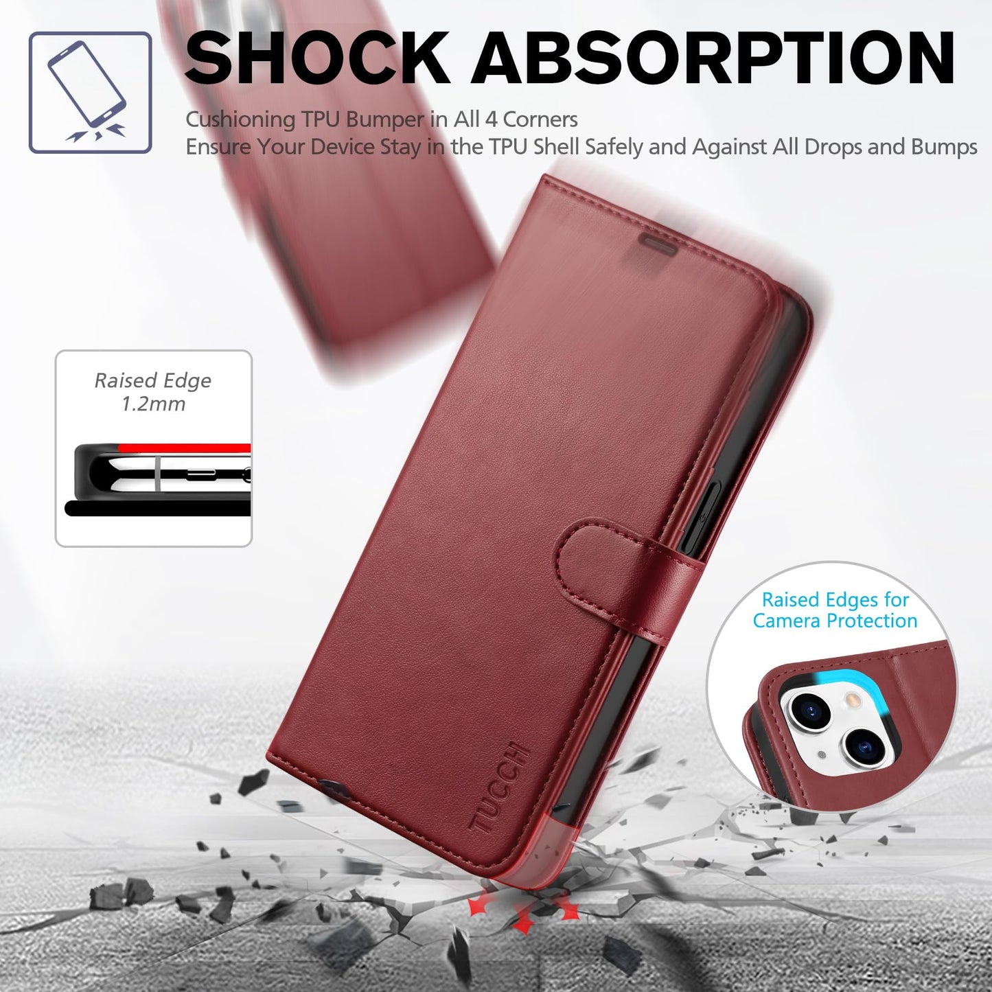 iPhone 14, [RFID Blocking] 4 Card Holder Stand [Shockproof TPU Interior Shell], PU Leather Magnetic Protective Flip Cover 6.1" 2022, Black - 7DAY'S