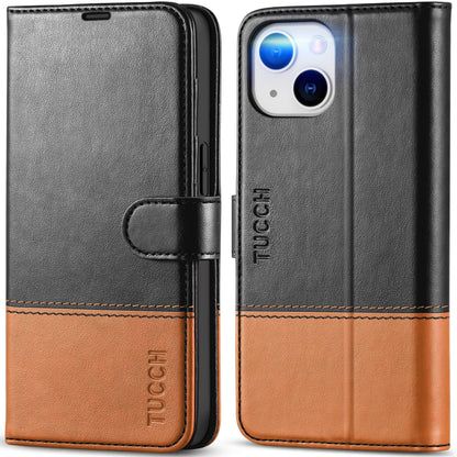 iPhone 14, [RFID Blocking] 4 Card Holder Stand [Shockproof TPU Interior Shell], PU Leather Magnetic Protective Flip Cover 6.1" 2022, Black - 7DAY'S