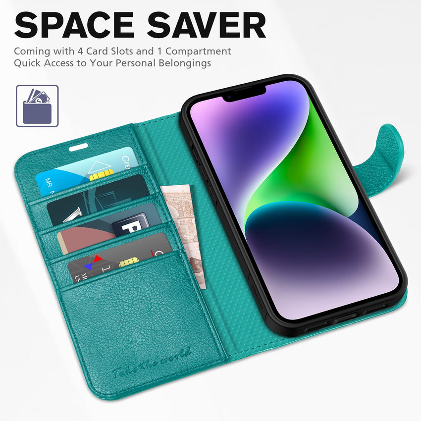 iPhone 14, [RFID Blocking] 4 Card Holder Stand [Shockproof TPU Interior Shell], PU Leather Magnetic Protective Flip Cover 6.1" 2022, Black - 7DAY'S