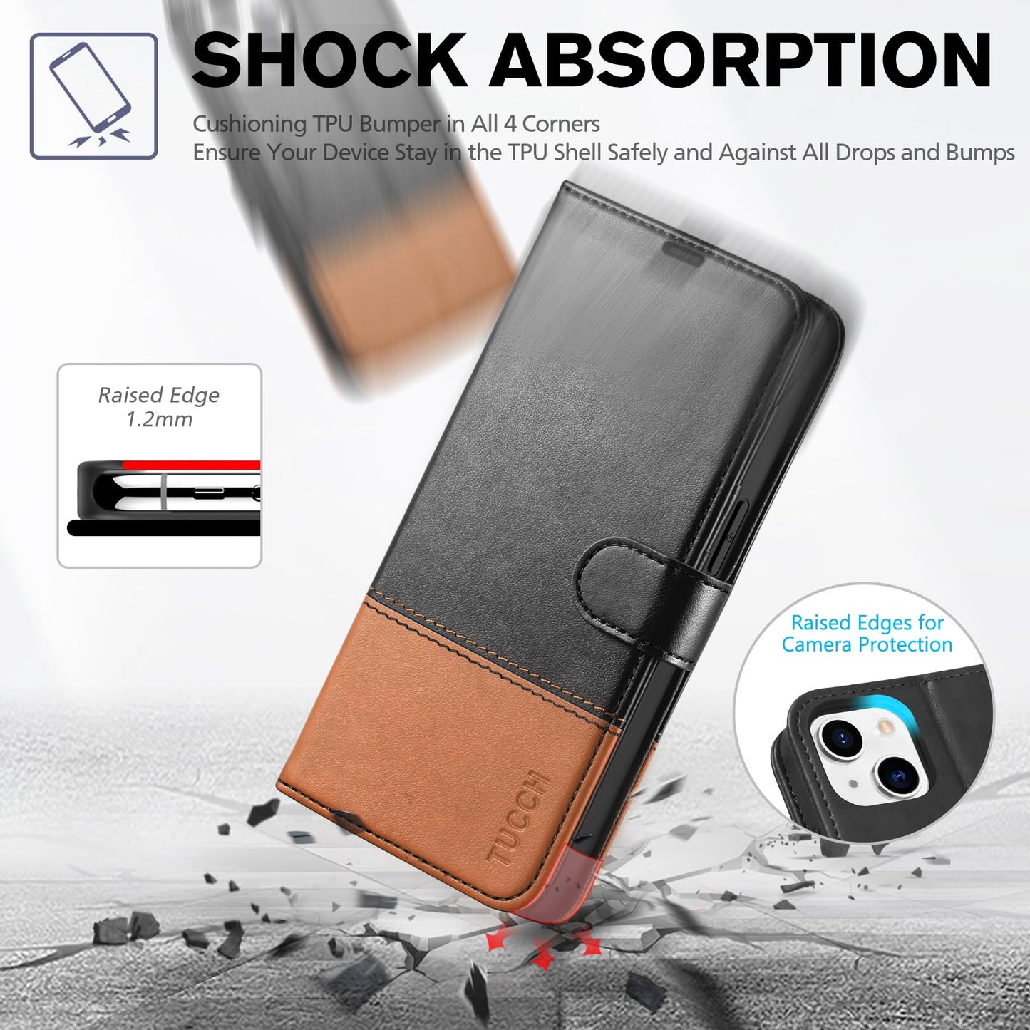 iPhone 14, [RFID Blocking] 4 Card Holder Stand [Shockproof TPU Interior Shell], PU Leather Magnetic Protective Flip Cover 6.1" 2022, Black - 7DAY'S