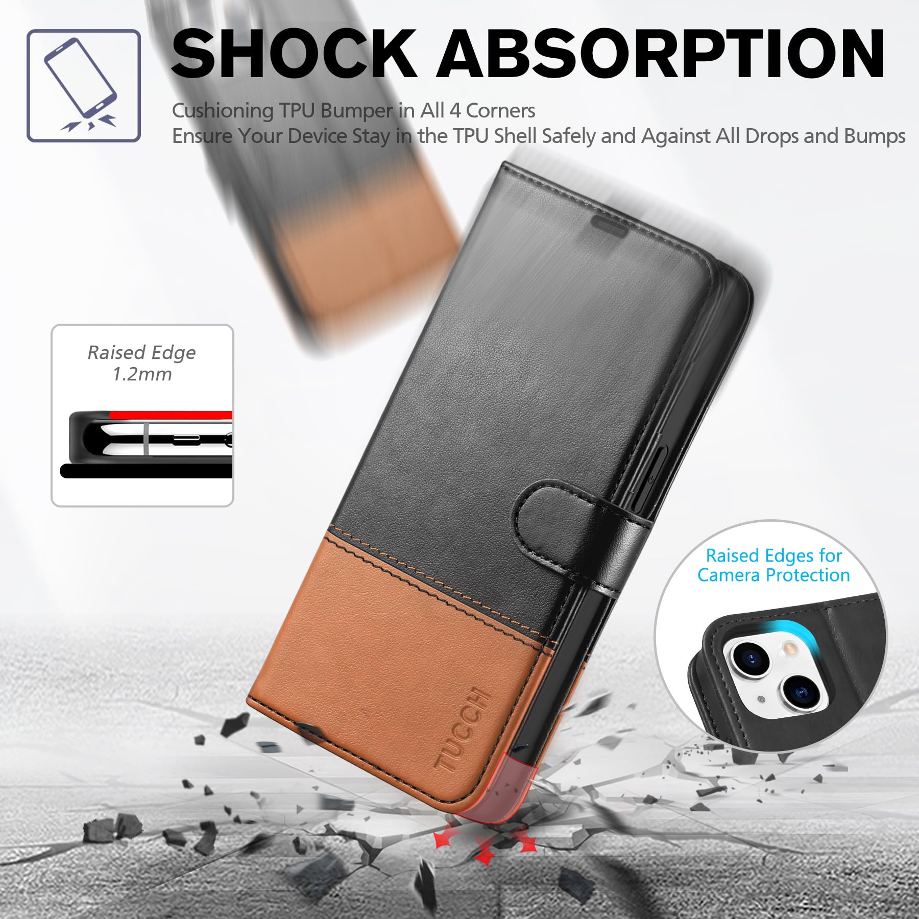 iPhone 14, [RFID Blocking] 4 Card Holder Stand [Shockproof TPU Interior Shell], PU Leather Magnetic Protective Flip Cover 6.1" 2022, Black - 7DAY'S