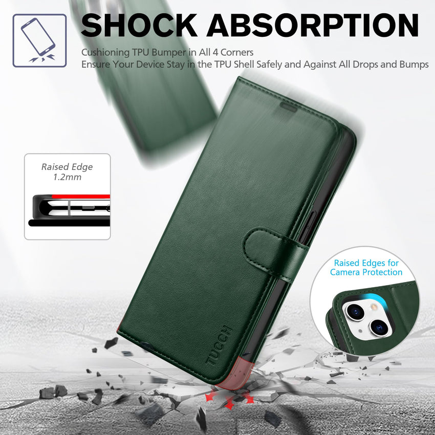iPhone 14, [RFID Blocking] 4 Card Holder Stand [Shockproof TPU Interior Shell], PU Leather Magnetic Protective Flip Cover 6.1" 2022, Black - 7DAY'S