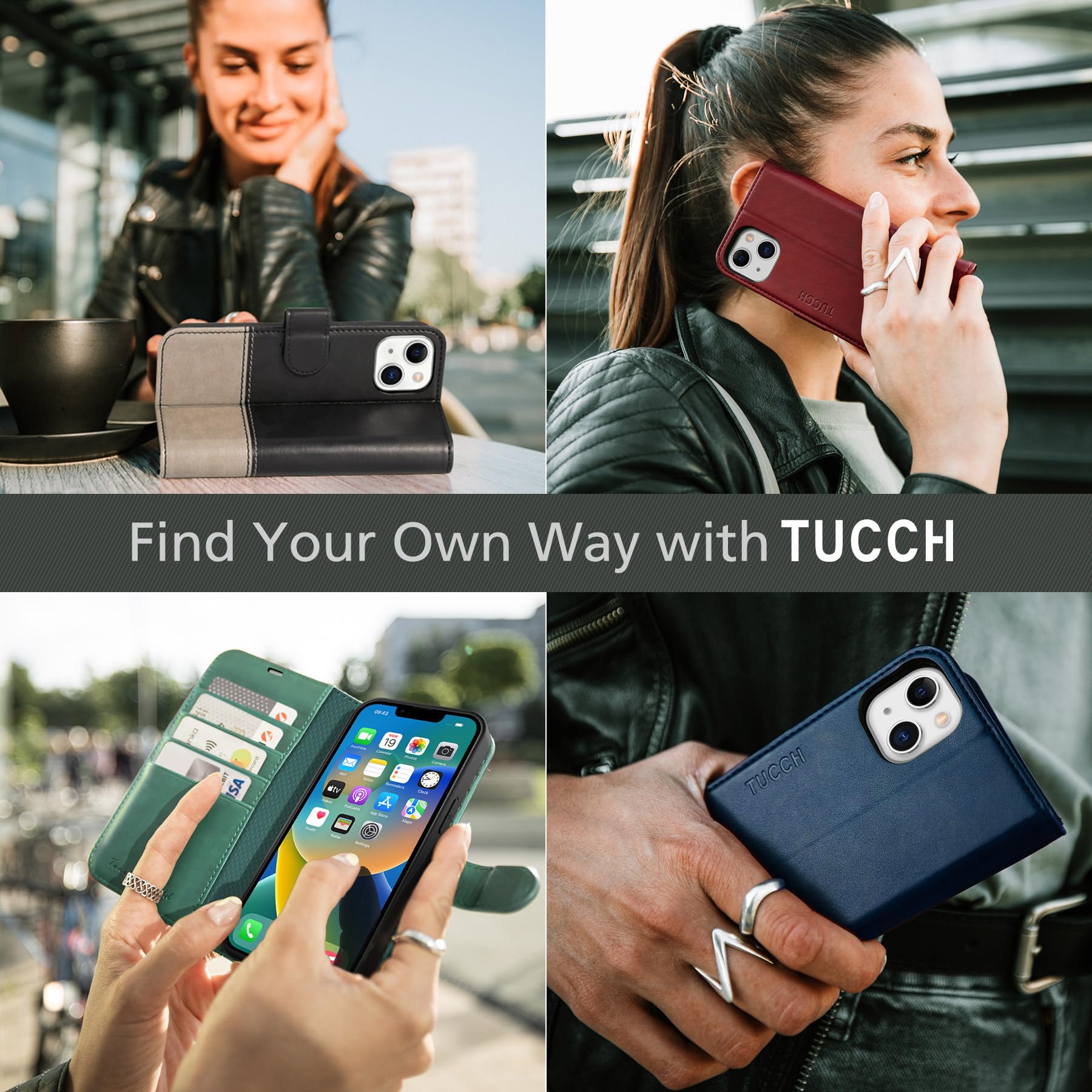 iPhone 14, [RFID Blocking] 4 Card Holder Stand [Shockproof TPU Interior Shell], PU Leather Magnetic Protective Flip Cover 6.1" 2022, Black - 7DAY'S