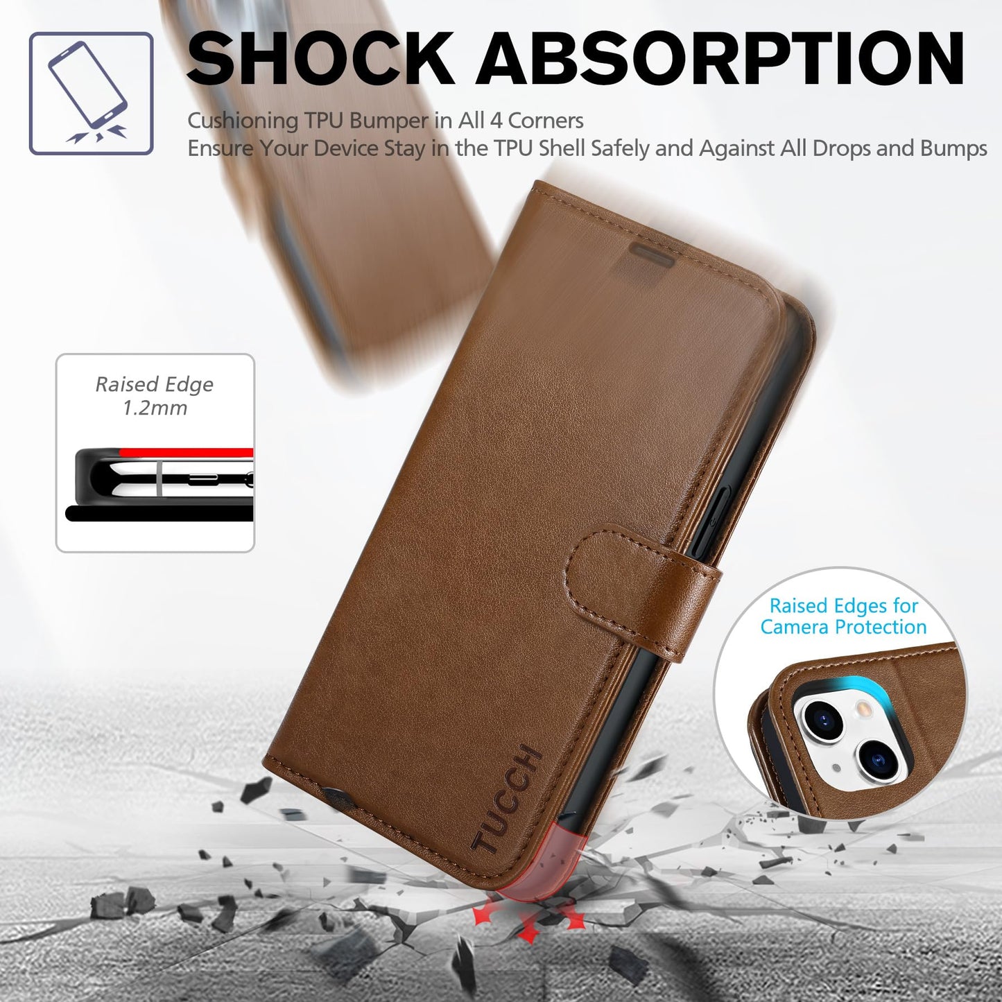 iPhone 14, [RFID Blocking] 4 Card Holder Stand [Shockproof TPU Interior Shell], PU Leather Magnetic Protective Flip Cover 6.1" 2022, Black - 7DAY'S