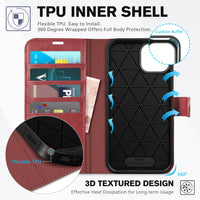 iPhone 14, [RFID Blocking] 4 Card Holder Stand [Shockproof TPU Interior Shell], PU Leather Magnetic Protective Flip Cover 6.1" 2022, Black - 7DAY'S