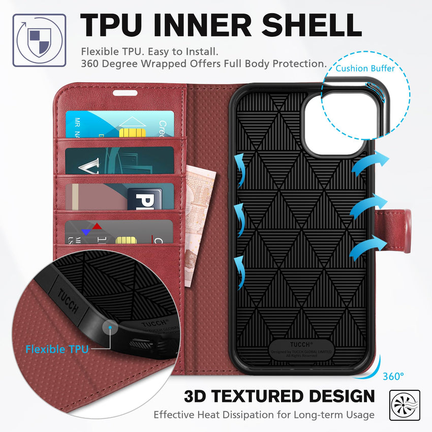 iPhone 14, [RFID Blocking] 4 Card Holder Stand [Shockproof TPU Interior Shell], PU Leather Magnetic Protective Flip Cover 6.1" 2022, Black - 7DAY'S