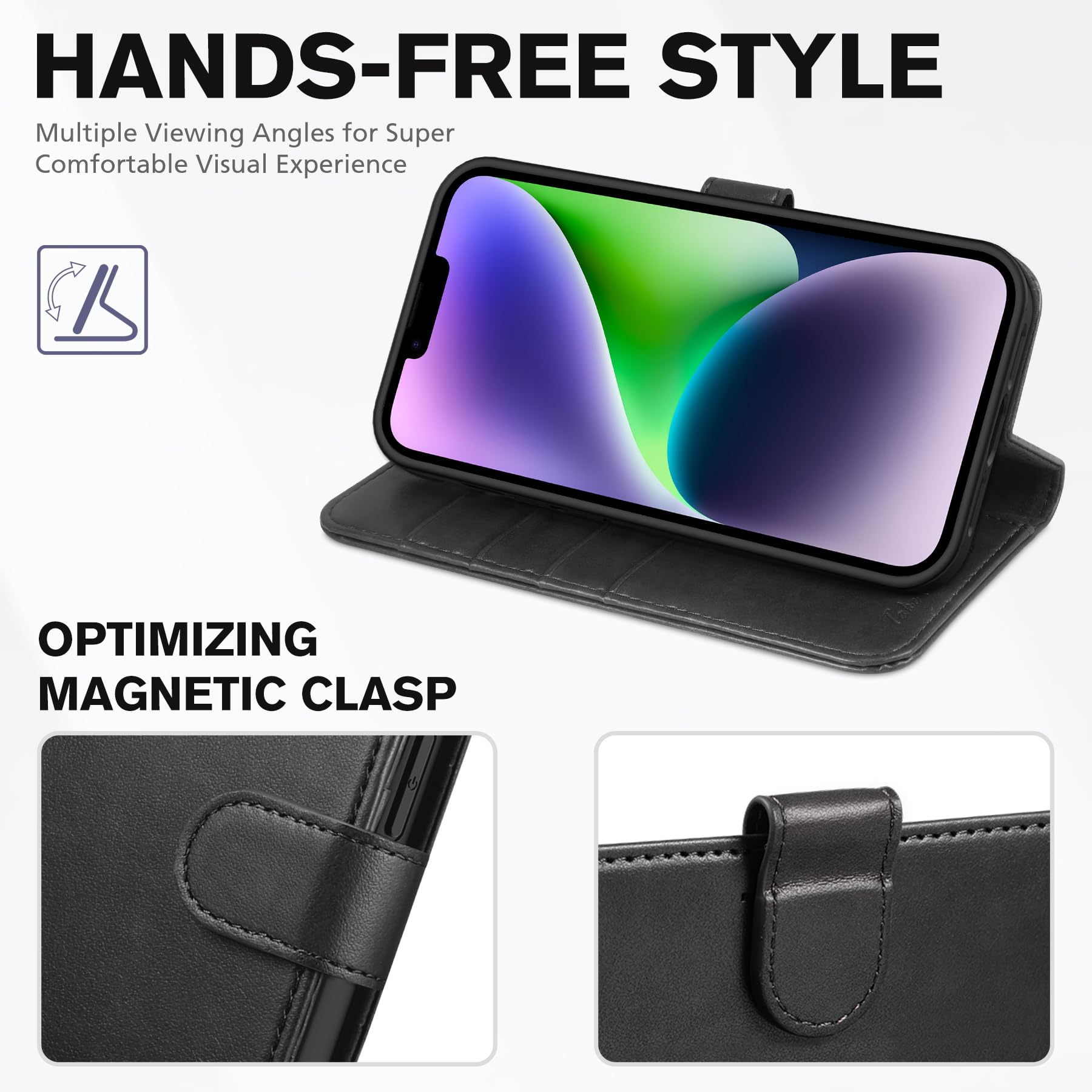 iPhone 14, [RFID Blocking] 4 Card Holder Stand [Shockproof TPU Interior Shell], PU Leather Magnetic Protective Flip Cover 6.1" 2022, Black - 7DAY'S