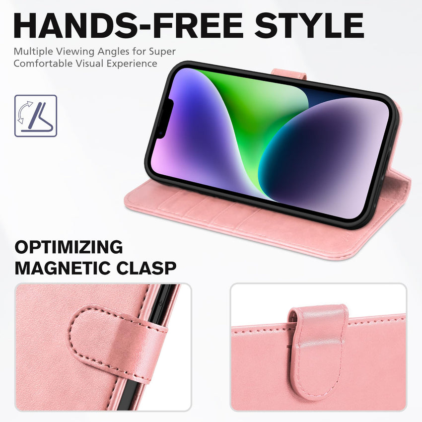 iPhone 14, [RFID Blocking] 4 Card Holder Stand [Shockproof TPU Interior Shell], PU Leather Magnetic Protective Flip Cover 6.1" 2022, Black - 7DAY'S
