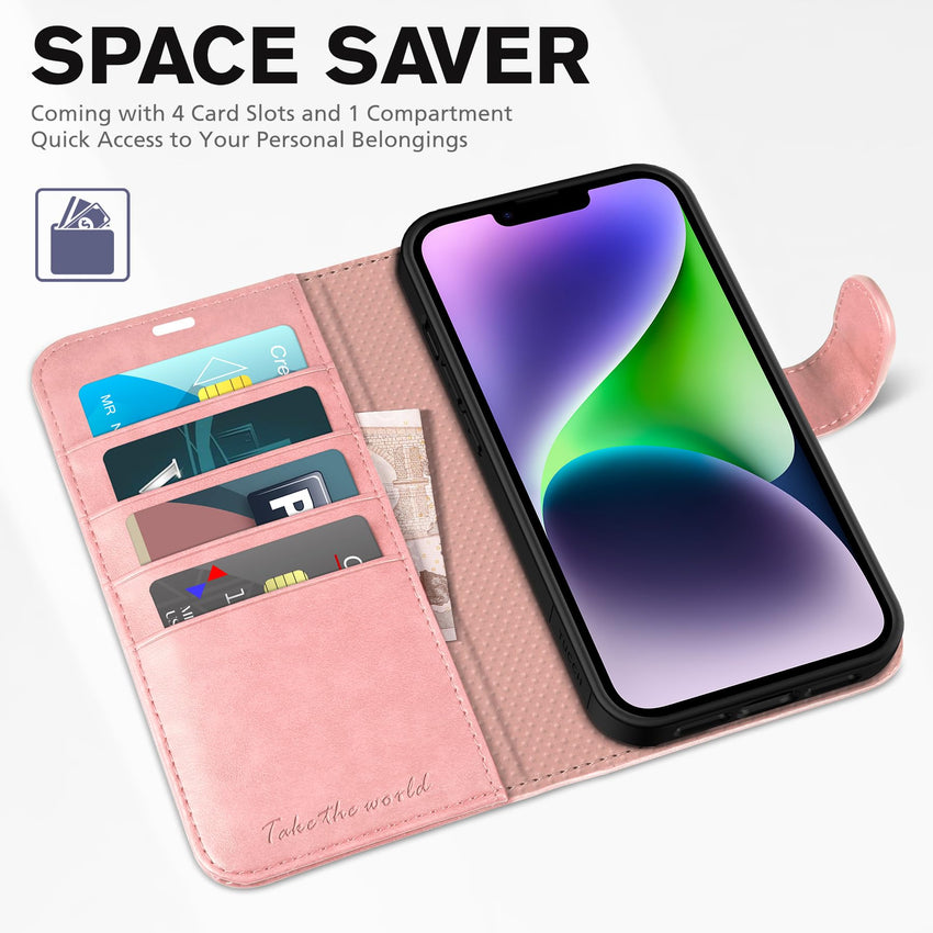 iPhone 14, [RFID Blocking] 4 Card Holder Stand [Shockproof TPU Interior Shell], PU Leather Magnetic Protective Flip Cover 6.1" 2022, Black - 7DAY'S