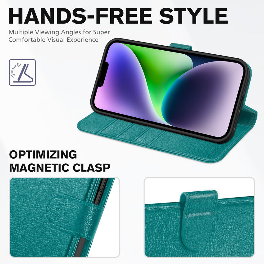 iPhone 14, [RFID Blocking] 4 Card Holder Stand [Shockproof TPU Interior Shell], PU Leather Magnetic Protective Flip Cover 6.1" 2022, Black - 7DAY'S