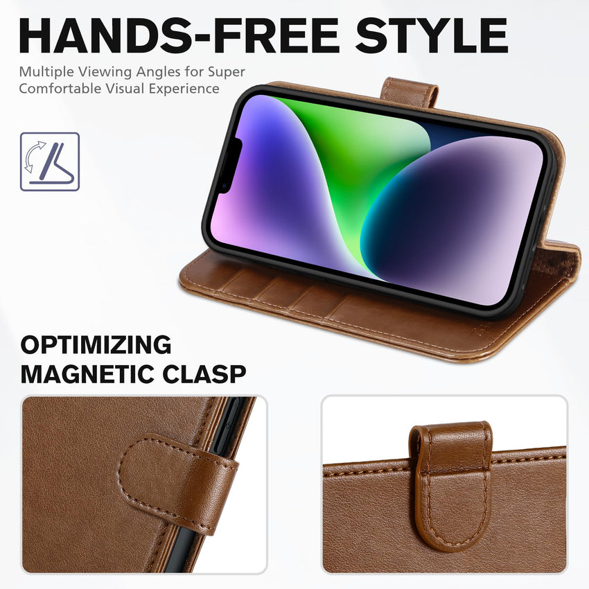 iPhone 14, [RFID Blocking] 4 Card Holder Stand [Shockproof TPU Interior Shell], PU Leather Magnetic Protective Flip Cover 6.1" 2022, Black - 7DAY'S
