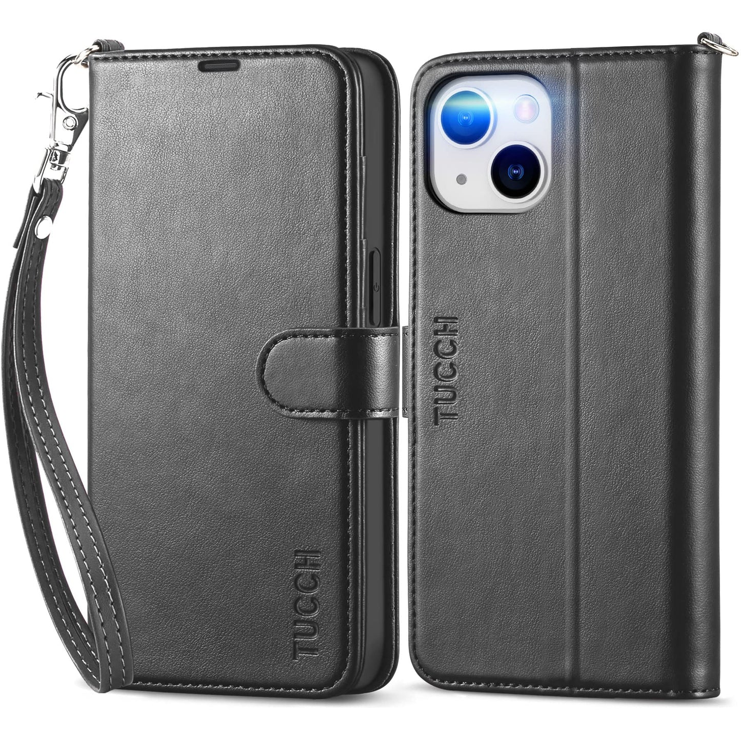iPhone 14, [RFID Blocking] 4 Card Holder Stand [Shockproof TPU Interior Shell], PU Leather Magnetic Protective Flip Cover 6.1" 2022, Black - 7DAY'S