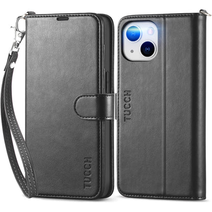 iPhone 14, [RFID Blocking] 4 Card Holder Stand [Shockproof TPU Interior Shell], PU Leather Magnetic Protective Flip Cover 6.1" 2022, Black - 7DAY'S