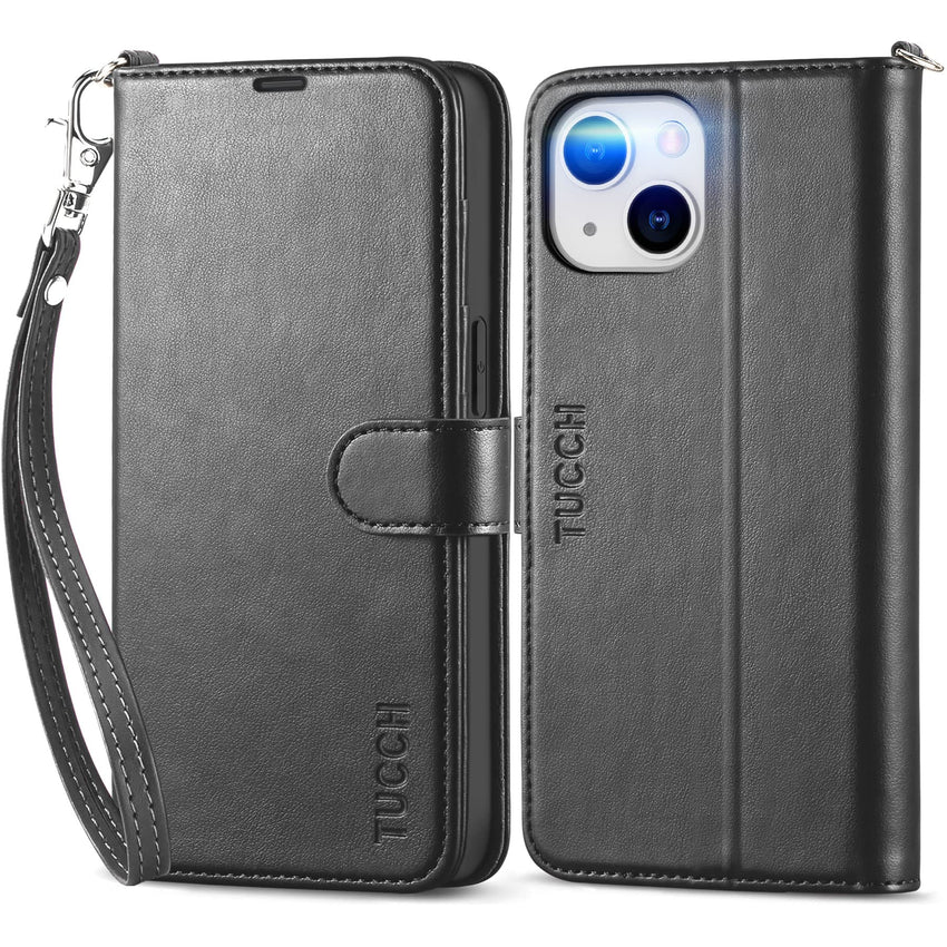 iPhone 14, [RFID Blocking] 4 Card Holder Stand [Shockproof TPU Interior Shell], PU Leather Magnetic Protective Flip Cover 6.1" 2022, Black - 7DAY'S