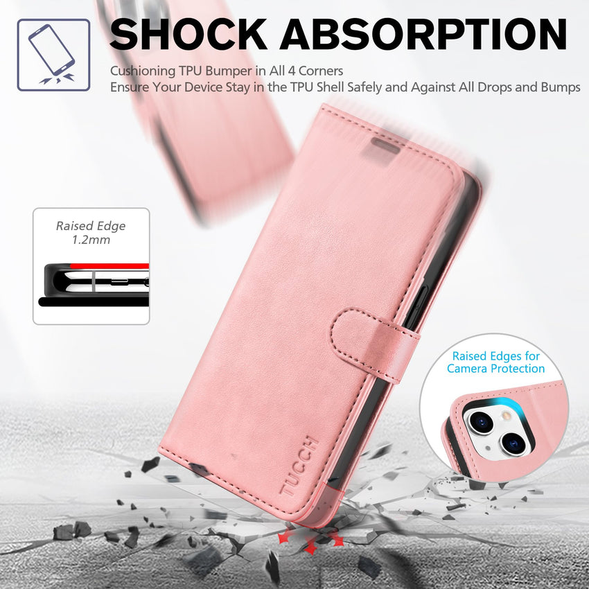 iPhone 14, [RFID Blocking] 4 Card Holder Stand [Shockproof TPU Interior Shell], PU Leather Magnetic Protective Flip Cover 6.1" 2022, Black - 7DAY'S
