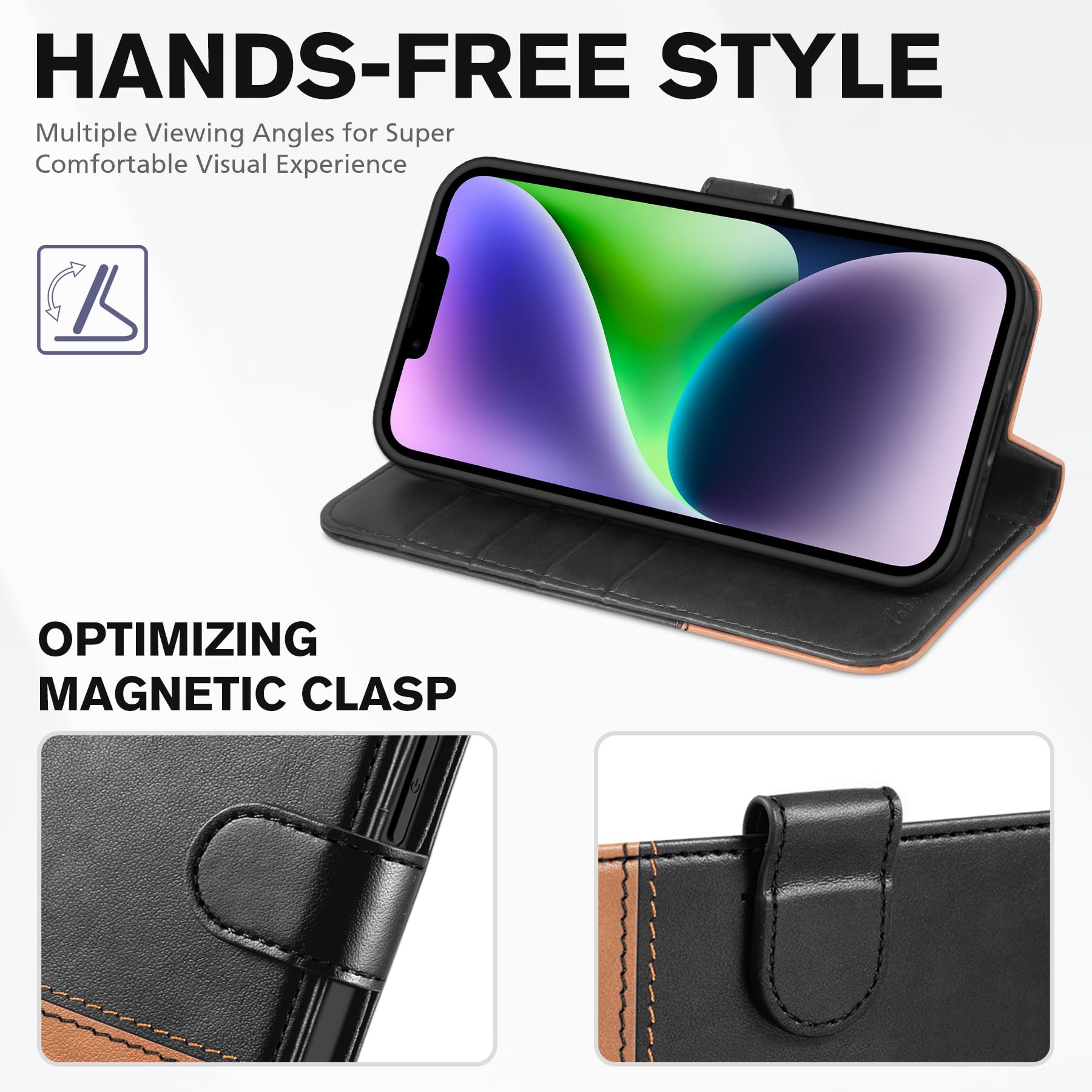 iPhone 14, [RFID Blocking] 4 Card Holder Stand [Shockproof TPU Interior Shell], PU Leather Magnetic Protective Flip Cover 6.1" 2022, Black - 7DAY'S