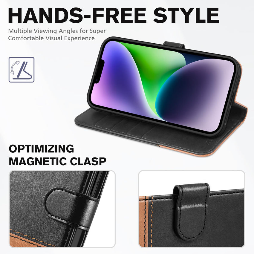 iPhone 14, [RFID Blocking] 4 Card Holder Stand [Shockproof TPU Interior Shell], PU Leather Magnetic Protective Flip Cover 6.1" 2022, Black - 7DAY'S