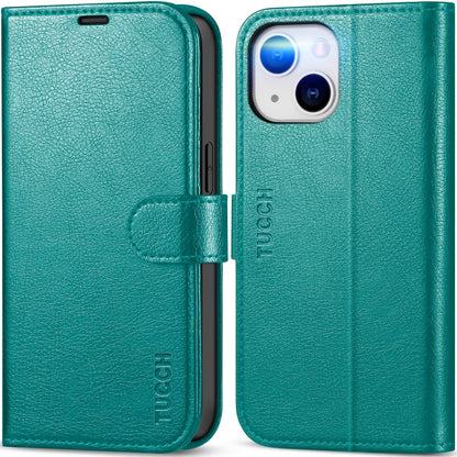 iPhone 14, [RFID Blocking] 4 Card Holder Stand [Shockproof TPU Interior Shell], PU Leather Magnetic Protective Flip Cover 6.1" 2022, Black - 7DAY'S
