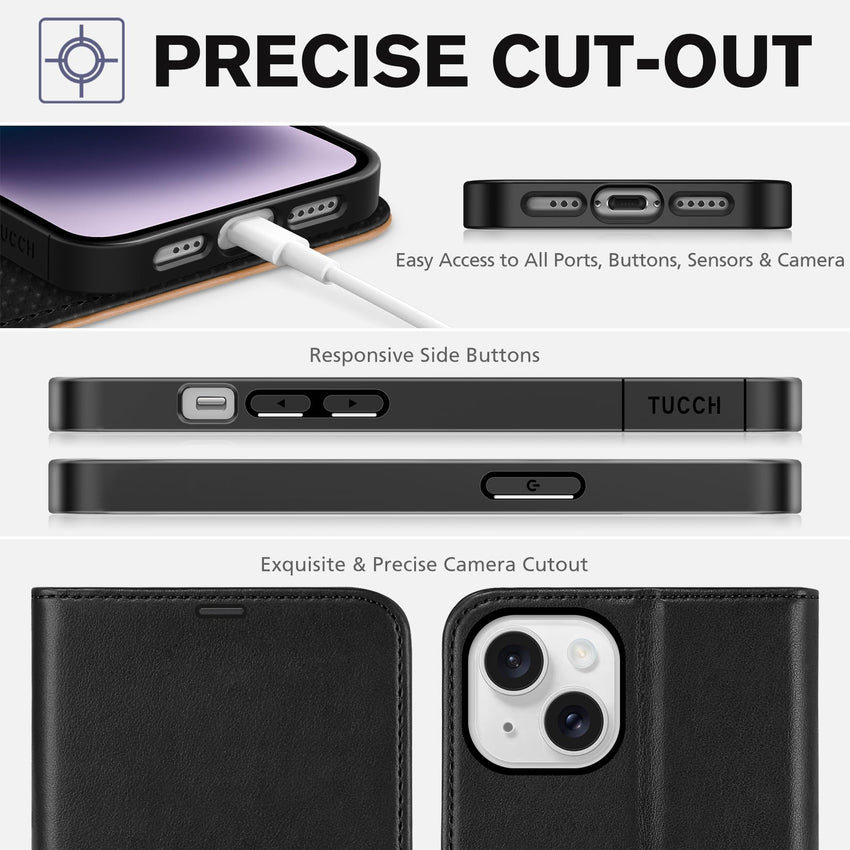 iPhone 14, [RFID Blocking] 4 Card Holder Stand [Shockproof TPU Interior Shell], PU Leather Magnetic Protective Flip Cover 6.1" 2022, Black - 7DAY'S
