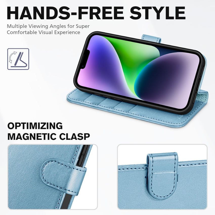 iPhone 14, [RFID Blocking] 4 Card Holder Stand [Shockproof TPU Interior Shell], PU Leather Magnetic Protective Flip Cover 6.1" 2022, Black - 7DAY'S
