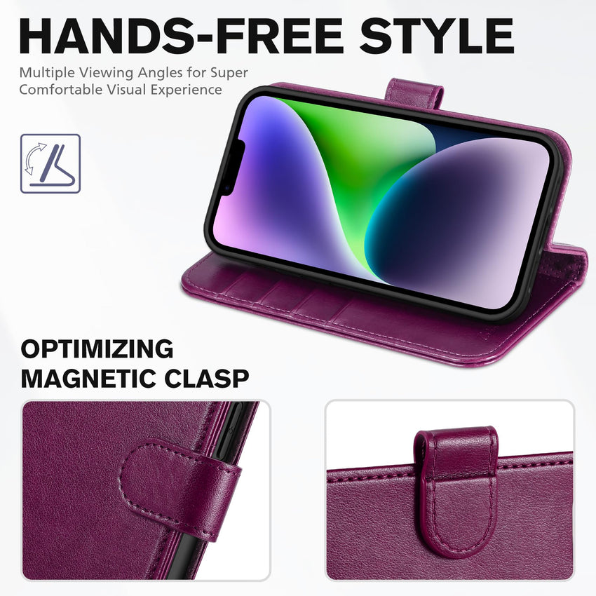 iPhone 14, [RFID Blocking] 4 Card Holder Stand [Shockproof TPU Interior Shell], PU Leather Magnetic Protective Flip Cover 6.1" 2022, Black - 7DAY'S