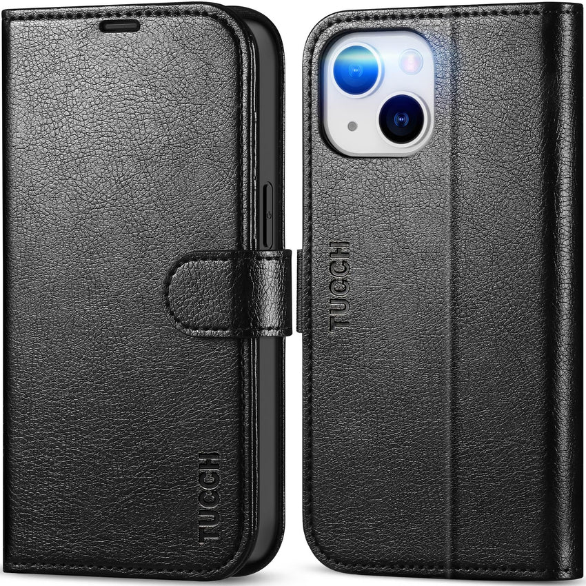 iPhone 14, [RFID Blocking] 4 Card Holder Stand [Shockproof TPU Interior Shell], PU Leather Magnetic Protective Flip Cover 6.1" 2022, Black - 7DAY'S