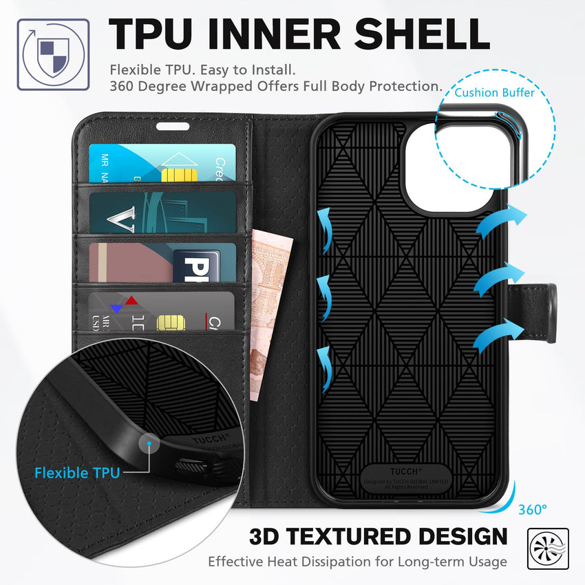 iPhone 15 6.1", Kickstand PU Leather [RFID Blocking] 4 Card Holder Magnetic Stand Protective Cover [TPU Shockproof Inner Shell] 5G 2023, Black - 7DAY'S