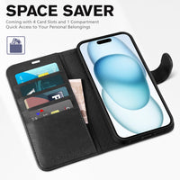 iPhone 15 6.1", Kickstand PU Leather [RFID Blocking] 4 Card Holder Magnetic Stand Protective Cover [TPU Shockproof Inner Shell] 5G 2023, Black - 7DAY'S