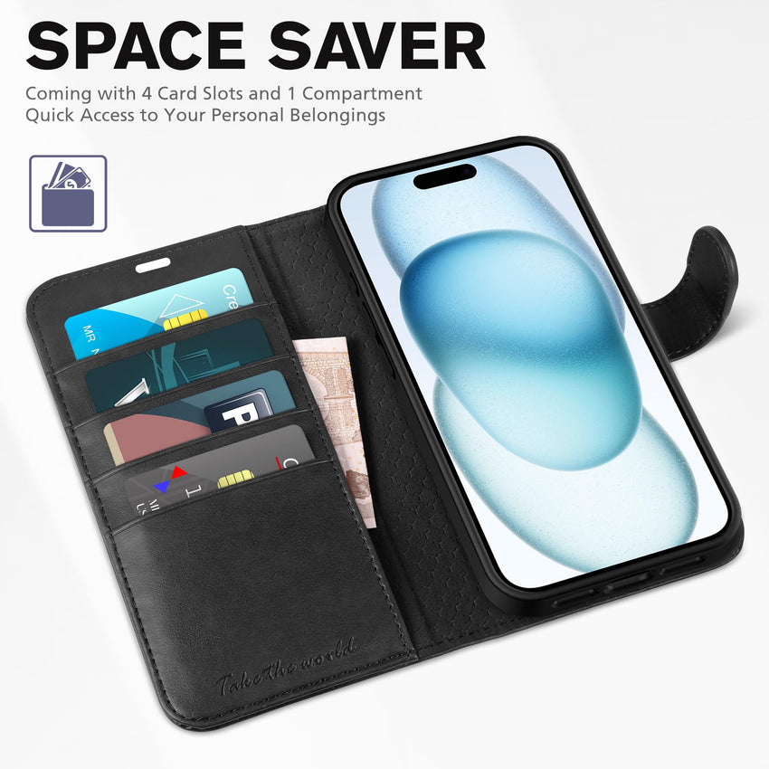 iPhone 15 6.1", Kickstand PU Leather [RFID Blocking] 4 Card Holder Magnetic Stand Protective Cover [TPU Shockproof Inner Shell] 5G 2023, Black - 7DAY'S