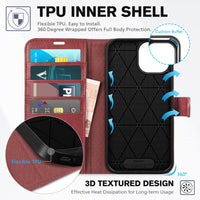 iPhone 15 6.1", Kickstand PU Leather [RFID Blocking] 4 Card Holder Magnetic Stand Protective Cover [TPU Shockproof Inner Shell] 5G 2023, Black - 7DAY'S