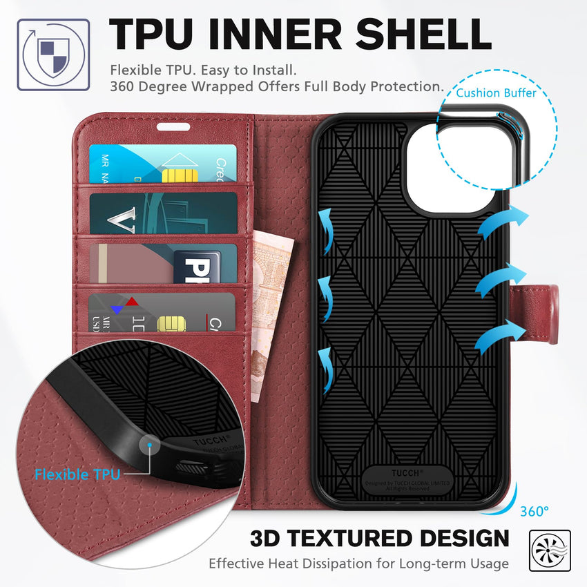 iPhone 15 6.1", Kickstand PU Leather [RFID Blocking] 4 Card Holder Magnetic Stand Protective Cover [TPU Shockproof Inner Shell] 5G 2023, Black - 7DAY'S