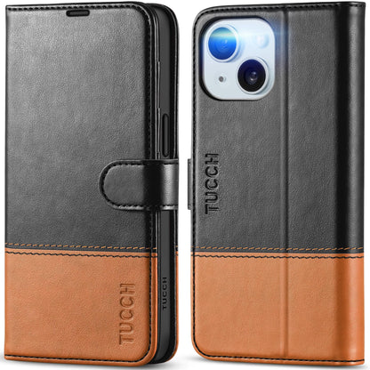 iPhone 15 6.1", Kickstand PU Leather [RFID Blocking] 4 Card Holder Magnetic Stand Protective Cover [TPU Shockproof Inner Shell] 5G 2023, Black - 7DAY'S