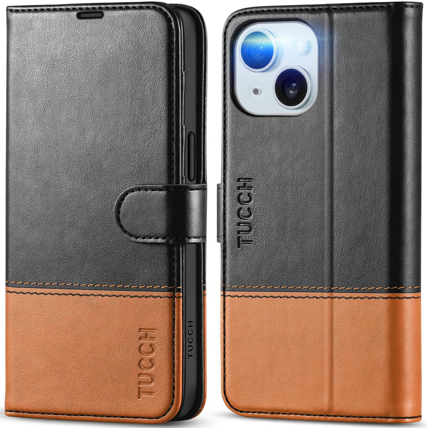 iPhone 15 6.1", Kickstand PU Leather [RFID Blocking] 4 Card Holder Magnetic Stand Protective Cover [TPU Shockproof Inner Shell] 5G 2023, Black - 7DAY'S