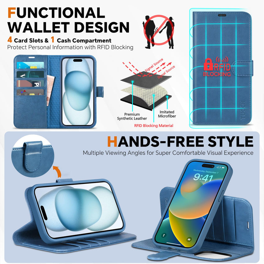 iPhone 15 6.1", Kickstand PU Leather [RFID Blocking] 4 Card Holder Magnetic Stand Protective Cover [TPU Shockproof Inner Shell] 5G 2023, Black - 7DAY'S