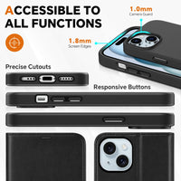 iPhone 15 6.1", Kickstand PU Leather [RFID Blocking] 4 Card Holder Magnetic Stand Protective Cover [TPU Shockproof Inner Shell] 5G 2023, Black - 7DAY'S