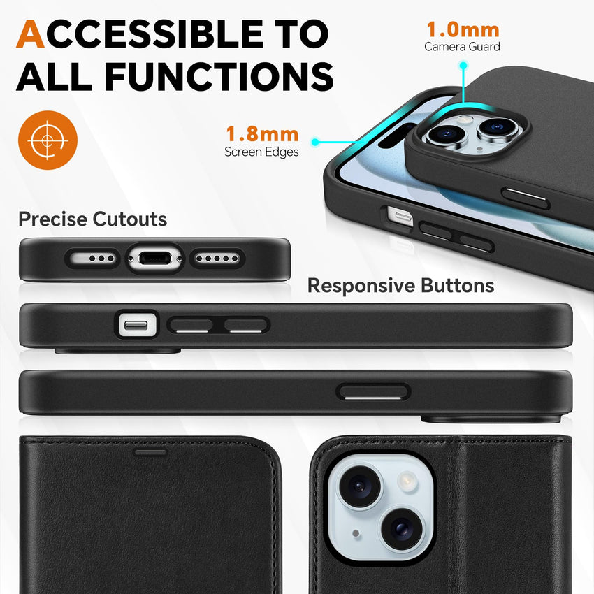 iPhone 15 6.1", Kickstand PU Leather [RFID Blocking] 4 Card Holder Magnetic Stand Protective Cover [TPU Shockproof Inner Shell] 5G 2023, Black - 7DAY'S