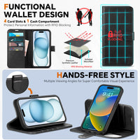 iPhone 15 6.1", Kickstand PU Leather [RFID Blocking] 4 Card Holder Magnetic Stand Protective Cover [TPU Shockproof Inner Shell] 5G 2023, Black - 7DAY'S