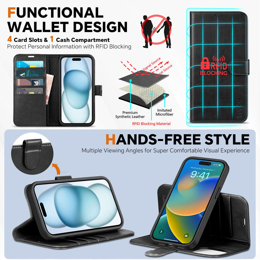 iPhone 15 6.1", Kickstand PU Leather [RFID Blocking] 4 Card Holder Magnetic Stand Protective Cover [TPU Shockproof Inner Shell] 5G 2023, Black - 7DAY'S