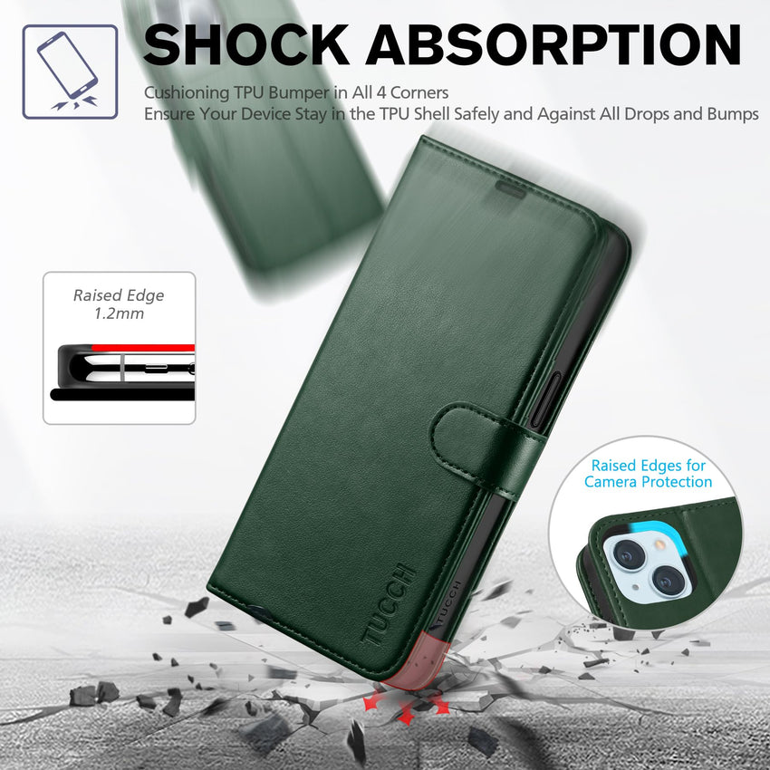 iPhone 15 6.1", Kickstand PU Leather [RFID Blocking] 4 Card Holder Magnetic Stand Protective Cover [TPU Shockproof Inner Shell] 5G 2023, Black - 7DAY'S