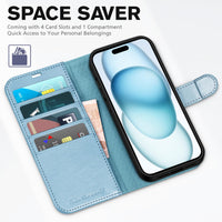 iPhone 15 6.1", Kickstand PU Leather [RFID Blocking] 4 Card Holder Magnetic Stand Protective Cover [TPU Shockproof Inner Shell] 5G 2023, Black - 7DAY'S