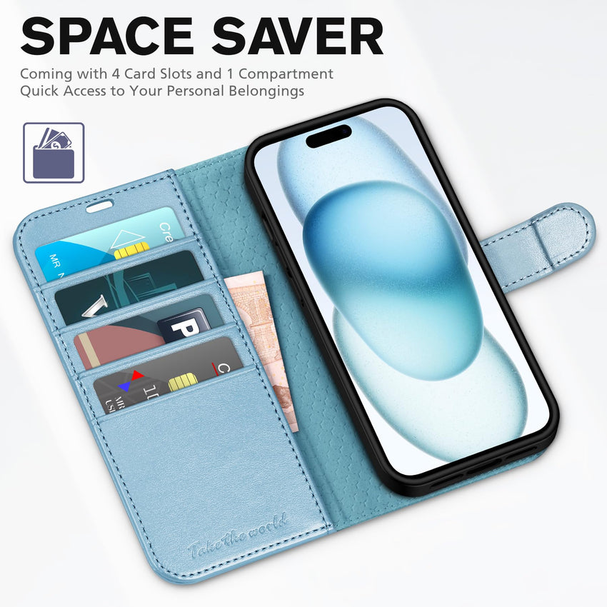iPhone 15 6.1", Kickstand PU Leather [RFID Blocking] 4 Card Holder Magnetic Stand Protective Cover [TPU Shockproof Inner Shell] 5G 2023, Black - 7DAY'S
